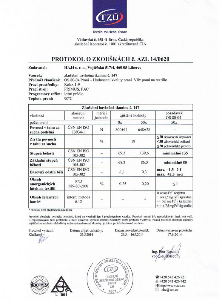 Protokol o zkouškách zakázková prádelna HAJ 4 s.r.o. Liberec Králův Háj
