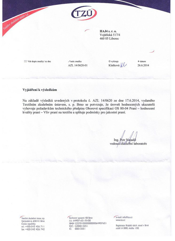 Protokol o zkouškách TZÚ zakázková prádelna HAJ 4 s.r.o. Liberec Králův Háj